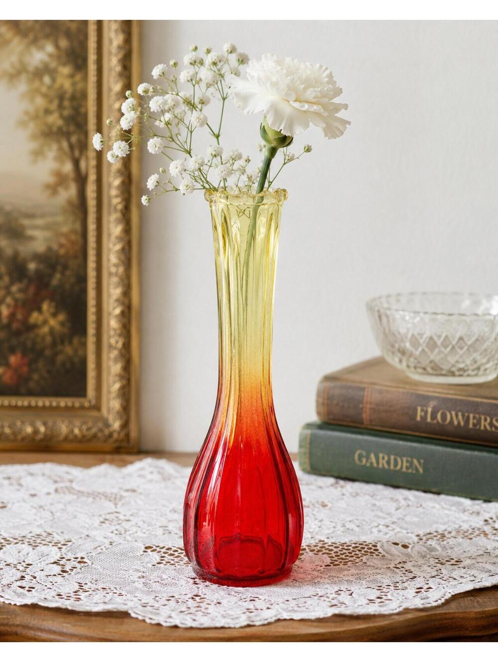Vintage Jeannette Amberina Glass Red to Amber Ribbed Bud Vase MCM